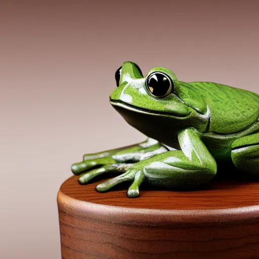 Prompt: 2 d vector, wooden chiseled frog statue, frog sitting on top of pedestal