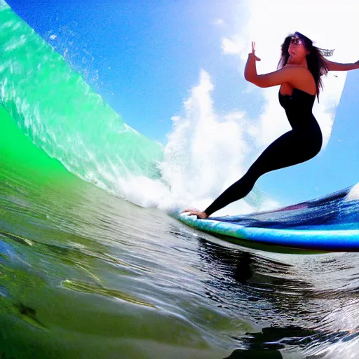 Prompt: gopro photo of a woman wearing heels on a surfboard riding a wave, very detailed, accurate face, 8 k