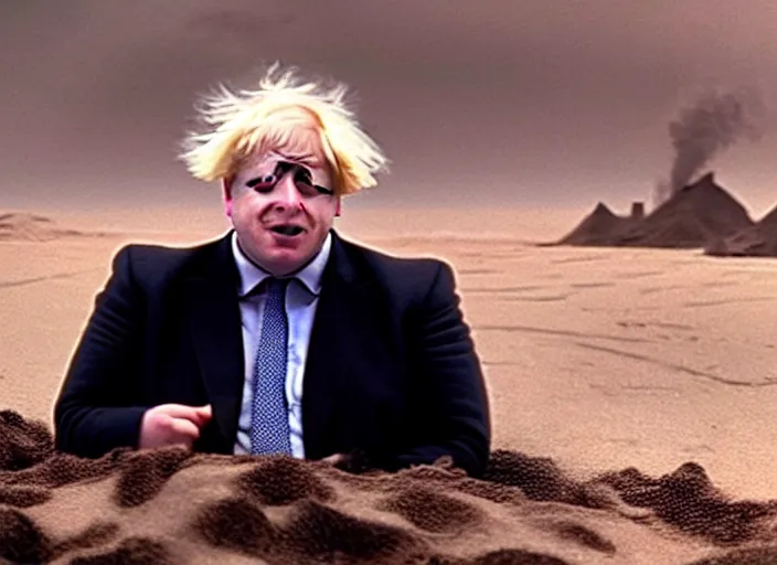 Image similar to boris johnson as baron harkonnen in a black oil bath in a still from the film Dune (2021)