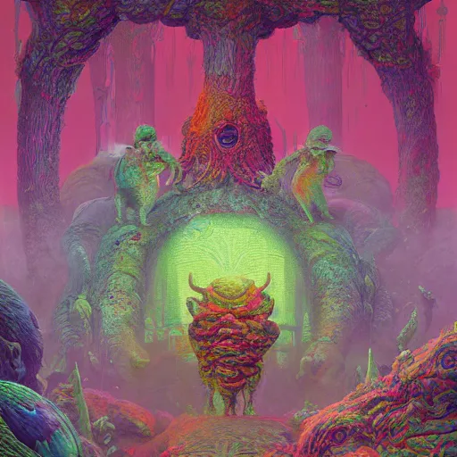 Image similar to hyperdetailed psychedelic horror fantasy portrait of garden gnomes by wayne barlowe and beeple, vivid color, album cover,