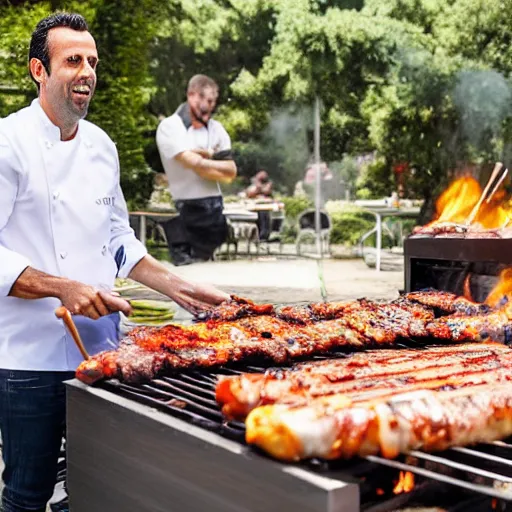 Image similar to edu gaspar cooking on a giant barbeque in 4 k photo