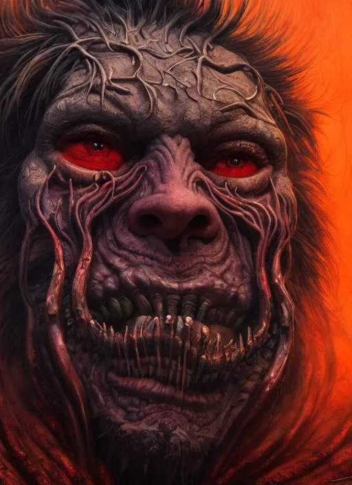 Image similar to close up portrait of a monster in the mountains of hell, oil painting by tomasz jedruszek, cinematic lighting, pen and ink, intricate line, hd, 4 k, million of likes, trending on artstation