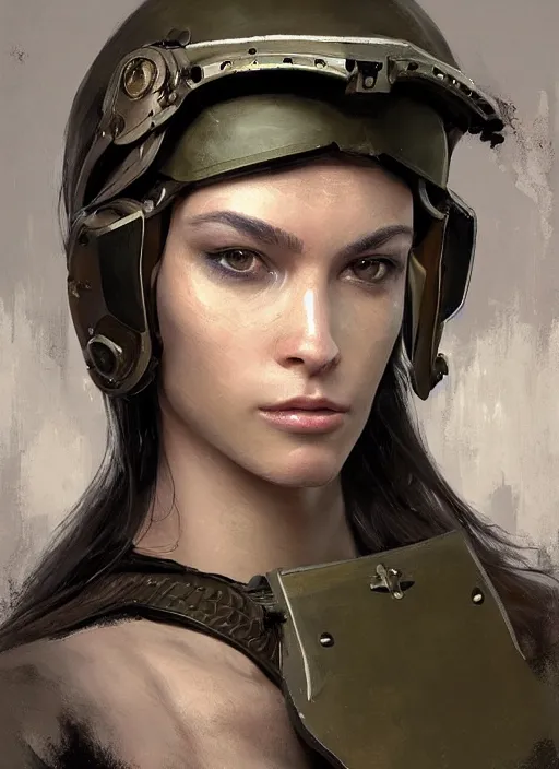 Prompt: a professional painting of a beautiful young female, clothed in stealth armor, military helmet, olive skin, long dark hair, beautiful bone structure, symmetrical facial features, intricate, elegant, digital painting, concept art, smooth, sharp focus, illustration, from Metal Gear, by Ruan Jia and Mandy Jurgens and Artgerm and William-Adolphe Bouguerea