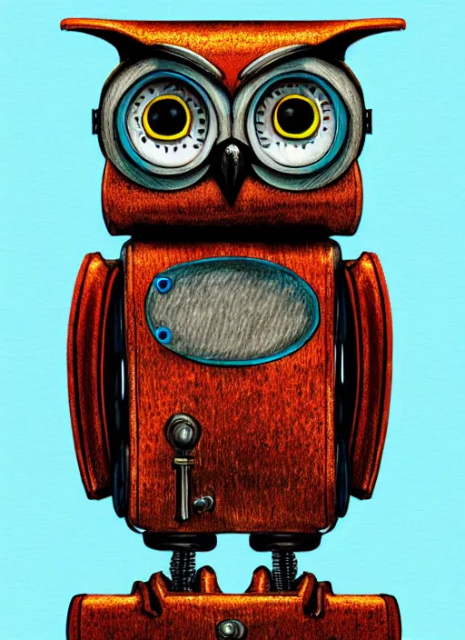 Image similar to colored pencil and pen drawing of an animatronic robot owl, bird made from rusty old keys and padlocks, 4 k photorender realityengine