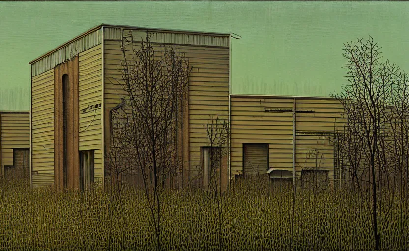 Prompt: industrial buildings surrounded by undergrowth by clarence holbrook carter