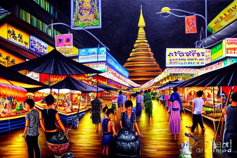 Prompt: detailed painting of Thai river night market, Bangkok, gothic style, deep strokes, high quality