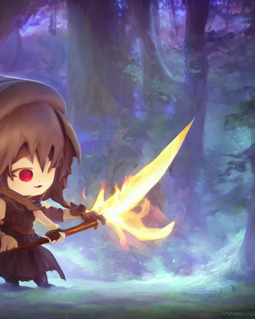 Image similar to oil painting of a MapleStory mage, cute chibi, attacking, casting a spell with a spear, wearing long magical robes, sharp focus, fantasy style, octane render, volumetric lighting, 8k high definition, by greg rutkowski, highly detailed, trending on artstation, magic the gathering artwork, magical forest background from MapleStory, centered