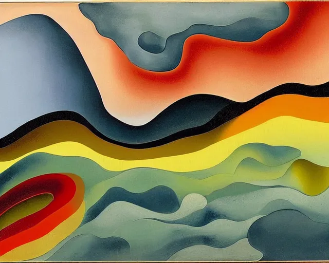 Image similar to An insane, modernist landscape painting. Wild energy patterns rippling in all directions. Curves, organic, zig-zags. Saturated color. Mountains. Clouds. Rushing water. Georgia O'Keeffe. Zao Wou-ki. Yves Tanguy.