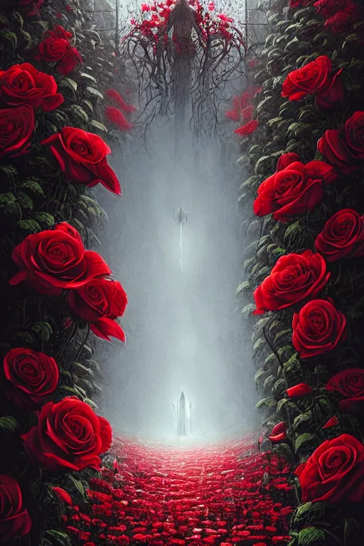 Image similar to poster style, a beautiful and terrifying painting with high details of reaper's garden with red fluid white roses in the foreground, movie atmosphere, movie lights, 8 k, light effect, rtx on, trending on artstation, by kilian eng, lee madgwick, bastien lecouffe - deharme