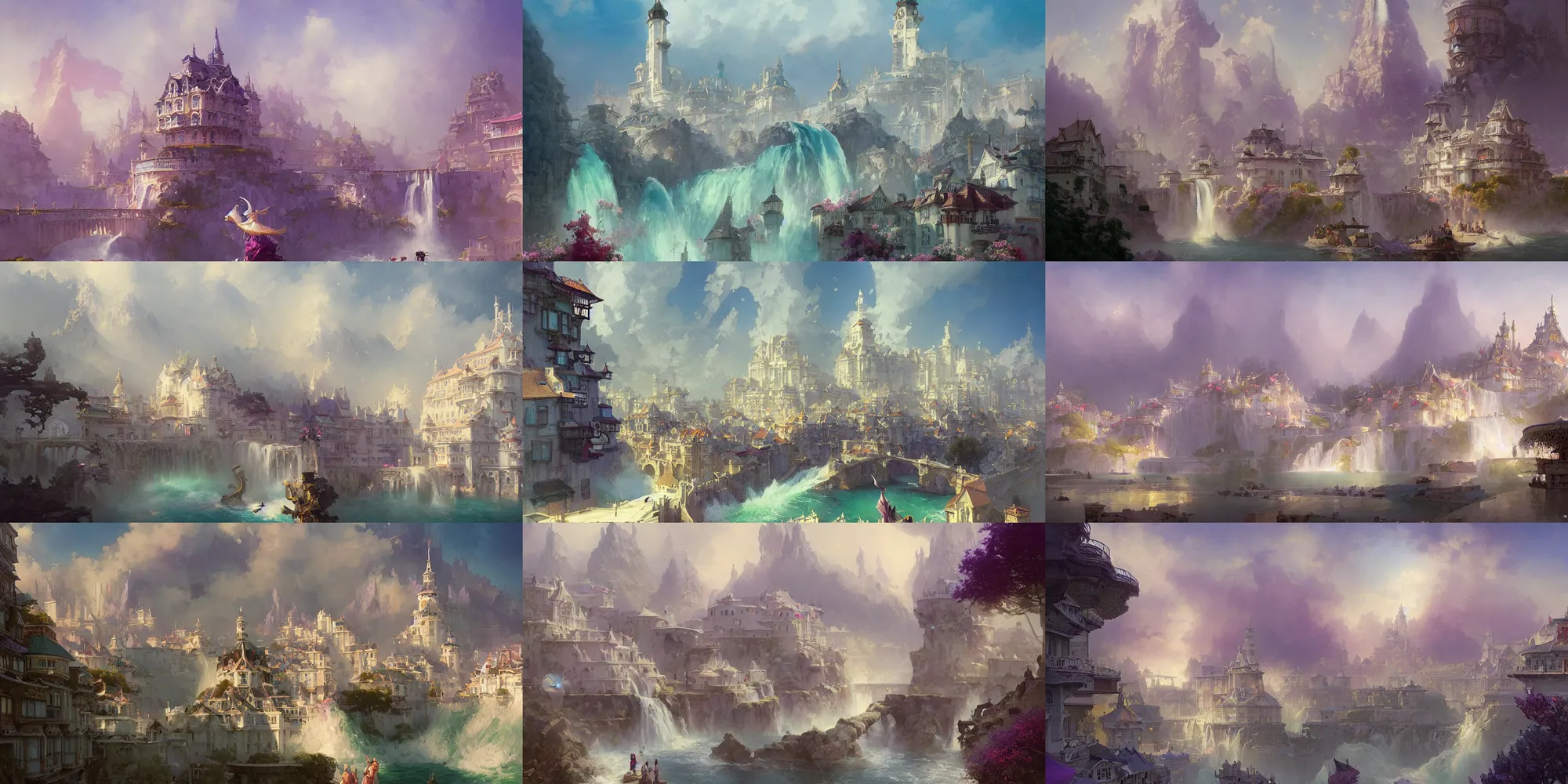 Prompt: fantasy port city with waterfalls, white buildings with lavender color roofs, bridges, lilac bushes, art nouveau architecture, fantasy, art by joseph leyendecker, peter mohrbacher, ivan aivazovsky, ruan jia, reza afshar, marc simonetti