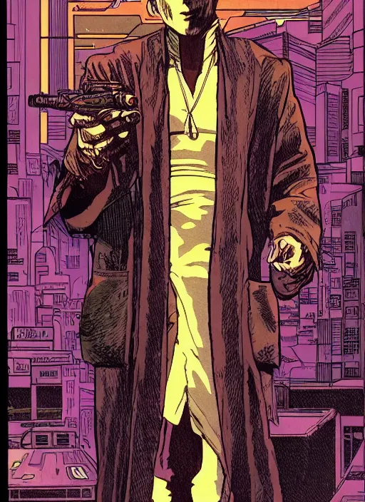 Image similar to portrait of a cyberpunk noir detective who dabbles in the occult with a cool robe by moebius