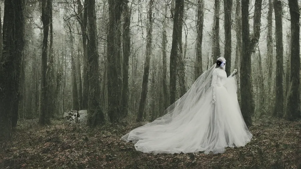 Image similar to eerie atmospheric symmetrical vogue wedding photography in a forest by paolo roversi