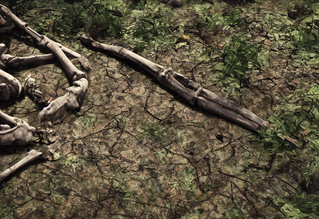 Prompt: decaying skeleton protruding barely from the dirt in a dense forrest, realism, close up, unreal engine 5.