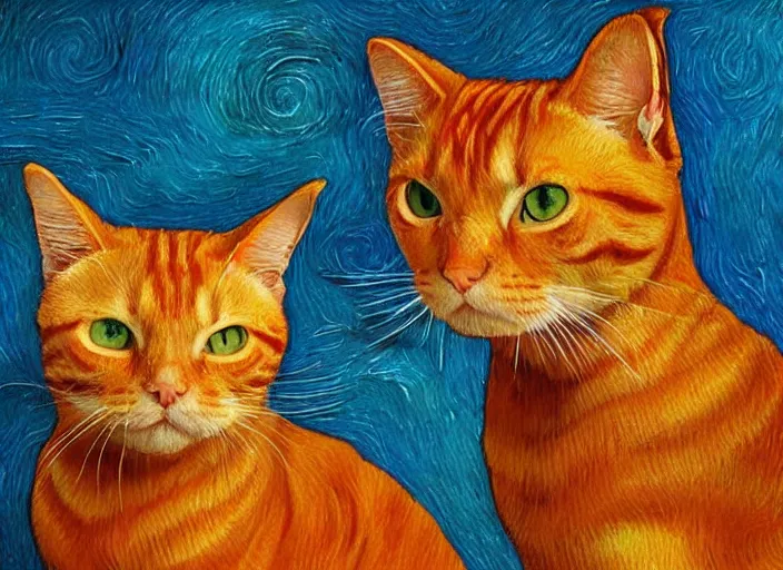 Image similar to detailed realistic realism painting of orange tabby cat fused combined with lasagna, at dusk, in the style of vincent van gogh and salvador dali and leonardo da vinci