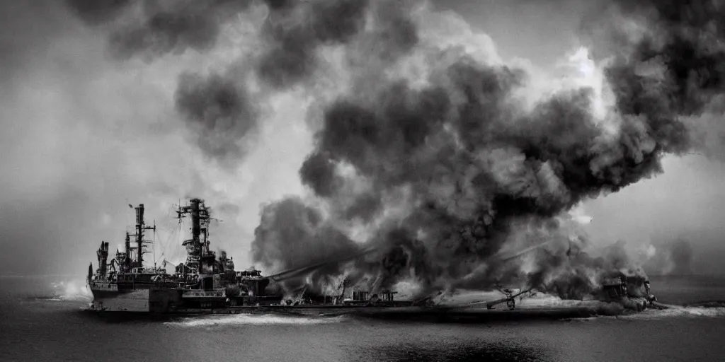 Prompt: steampunk dreadnought battleship on fire, clouds of smoke, full shot, bird's eye view, 120 black and white film