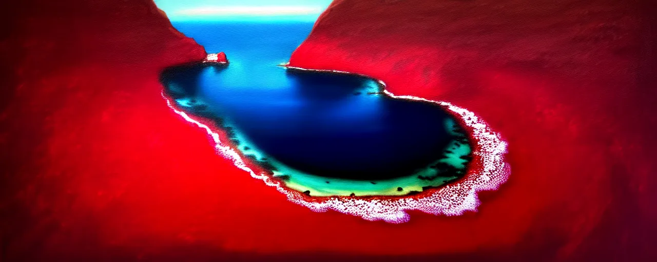 Image similar to A gorgeous detailed oil painting of a dark red sea covered in big blue steep rocks, the further away the mistier it gets, surreal, concept art, dark aesthetic, atmospheric, moody, highly detailed, masterpiece, award winning, 4k