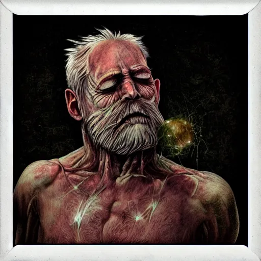 Prompt: portrait of the exiled god, polaroid, cosmic horror, photo realistic, flesh, nightmare, demon, old man, beard, no eyes, hate, anger, monster