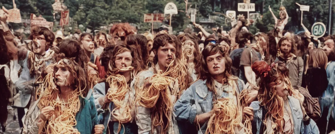 Image similar to hippies protesting spaghetti, 1 9 6 0's, high detailed face, realistic faces, small details, intricate, canon 5 0 mm, wes anderson film, kodachrome