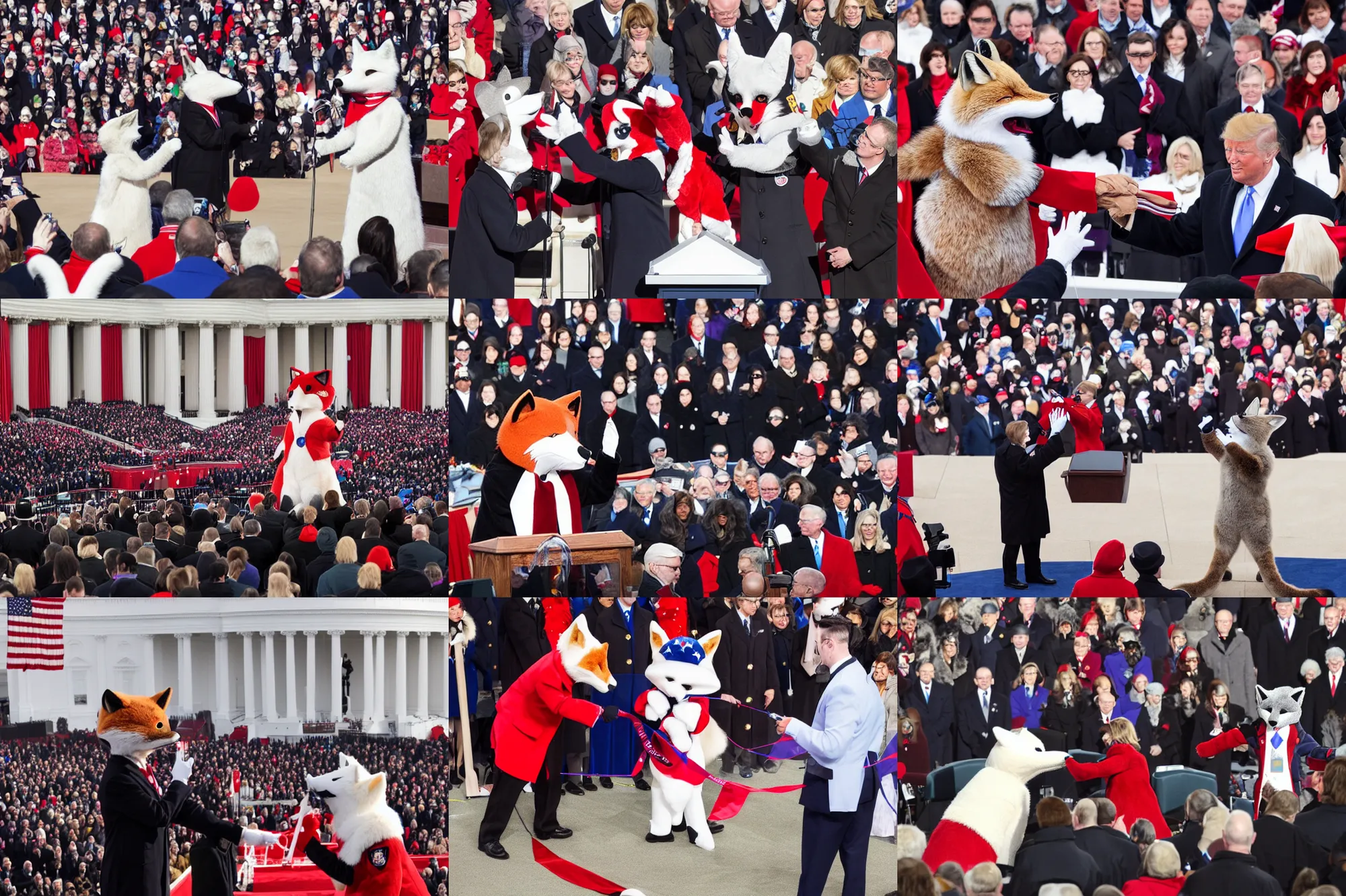 Prompt: photo of the usa presidential inauguration, a fox fursuiter being inaugurated as president