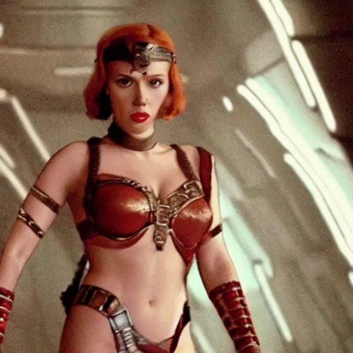 Prompt: Film still of Scarlett Johansson as Slave Leia from Star Wars