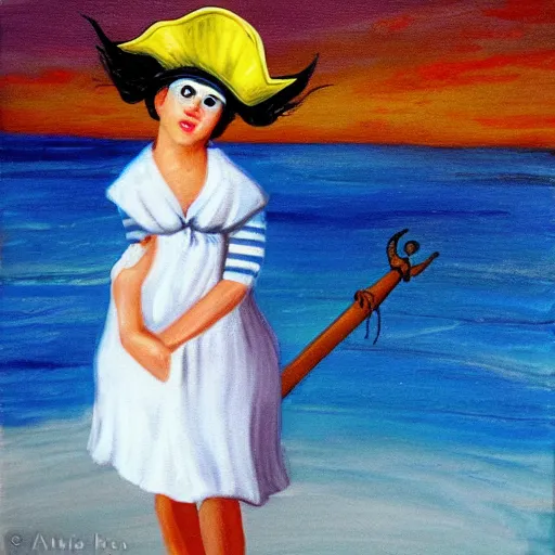 Prompt: dancing milk maid wearing a pirate hat shore seascape in the style of Annie Swinnerton