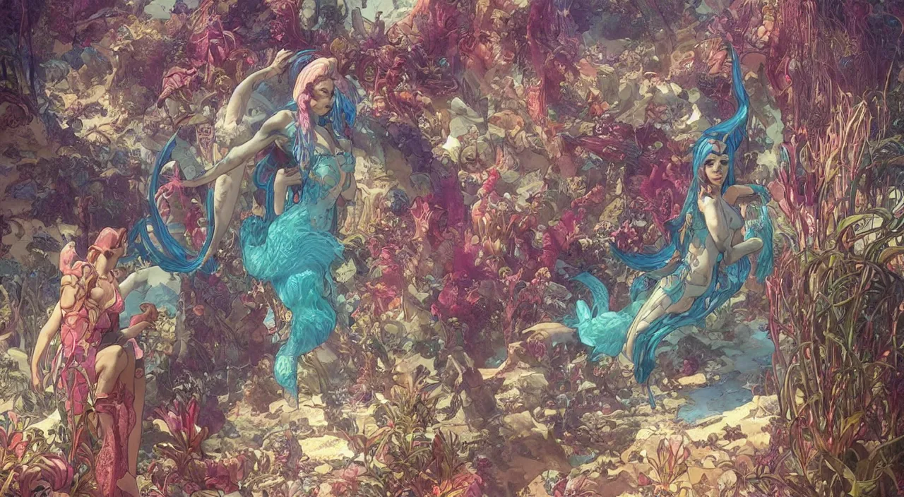 Image similar to Merfolk in the Lost City of Atlantis, very colourful, underwater, highly detailed, artstation, intricate, smooth, sharp focus, bright, happy, illustration, art by Artgerm and Greg Rutkowski and Alphonse Mucha and Yuumei, good clear quality, lighting, biology, symmetrical artwork, perfect face, 135 mm, cinematic, hyper realism, dark, moonlight, high detail, octane render, 8k, crimson highlights