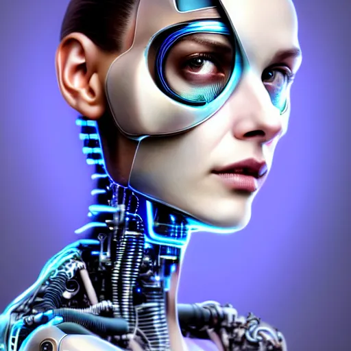 Image similar to Perfectly-Centered Half-body-Portrait of a Mechanical Cyberpunk Female Android, intricate, elegant, super highly detailed, professional digital painting, artstation, concept art, smooth, sharp focus, no blur, no dof, extreme illustration, Unreal Engine 5, Photorealism, HD quality, 8k resolution, cinema 4d, 3D, beautiful, cinematic, art by artgerm and greg rutkowski and alphonse mucha and loish and WLOP