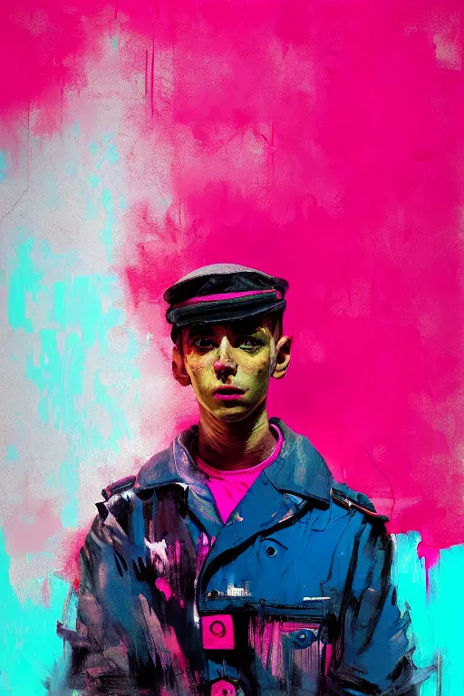 Prompt: portrait of a young soldier boy nor living in a death postapoliptic world, painted in acrylic, in the colors hot pink and cyan, beautiful face, rule of thirds, complex outfit, spotlight, by greg rutkowski, by jeremy mann, by francoise nielly, by van gogh, digital painting