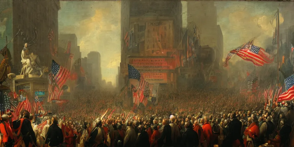 Prompt: a medium shot of george washington giving a speech in times square with bilboards in the backround and a large crowd carrying american flags and carrying torches by gerard seghers, the denial of st. peter