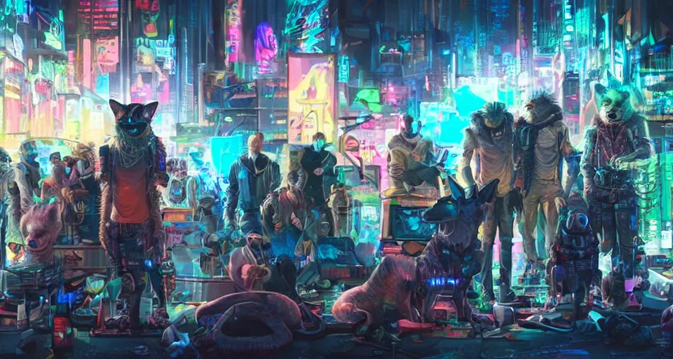 Image similar to high - resolution photograph from a cyberpunk era furry fandom convention ( midwest furfest 2 0 4 7 ), taking place after the genetic revolution and quantum singularity. photorealistic.