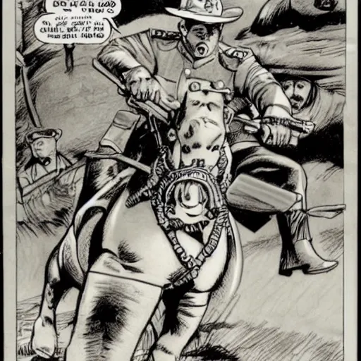 Image similar to comic book drawing of a canadian mountie riding a giant fat hippo by simon bisley and jack kirby