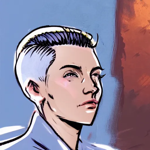 Image similar to character concept art of stoic heroic emotionless handsome blond butch tomboy woman with very short slicked-back hair, no makeup, in dirty and worn flight suit, science fiction, illustration