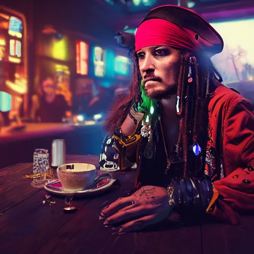 Image similar to a high quality portrait of a beautiful pirate in a cyberpunk cyberpunk cyberpunk cafe, realism, 8k, award winning photo