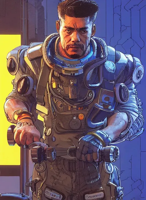 Image similar to hector. apex legends cyberpunk weight lifter. concept art by james gurney and mœbius. cinematic, dramatic lighting ( cyberpunk 2 0 7 7 ), clean aesthetic