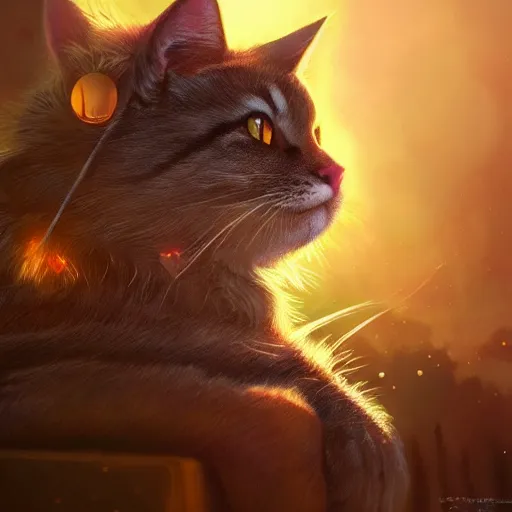 Image similar to magic cat, golden hour, fantasy, sharp focus, digital art, hyper realistic, 4 k, unreal engine, highly detailed, hd, dramatic lighting by brom, trending on artstation