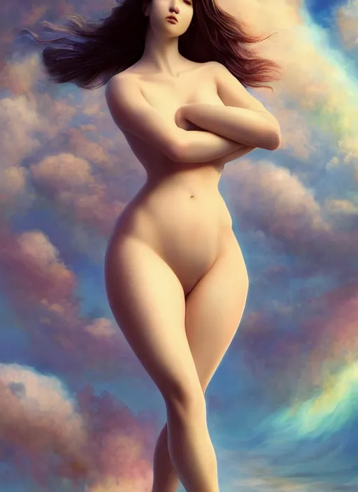 Prompt: Portrait of 20yo female Korean Celestial, full body, slim feminine curvy figure, desirable, captivating, cute, rule of thirds, by Boris Vallejo, flying down from rgb clouds, octane render, mutiversal tsunami, visually stunning, cinematic, serene, beautiful, printed on 3d mixed media