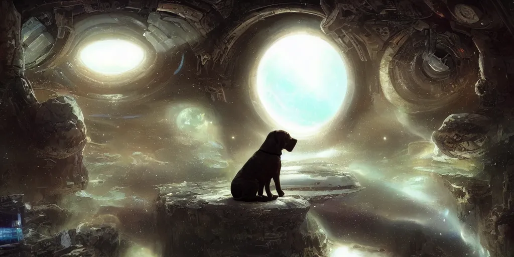 Prompt: dog, sitting sad in spaceship, gazing at view of galaxy in space through a window, by jim burns, peter andrew jones, michael hutter, sharp digital painting. dreaming latent space. matte painting, concept art. artstation. digital render.