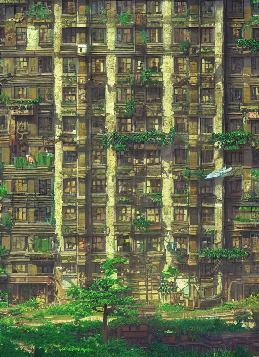 Image similar to A Huge Steampunk Old Apartment Building by Howl's Moving Castle Ghibli, by Miyazaki, by Vincent Di Fate Nausicaa, Ghibli, Breath of The Wild, epic composition, green plants, octane render, trending on artstation