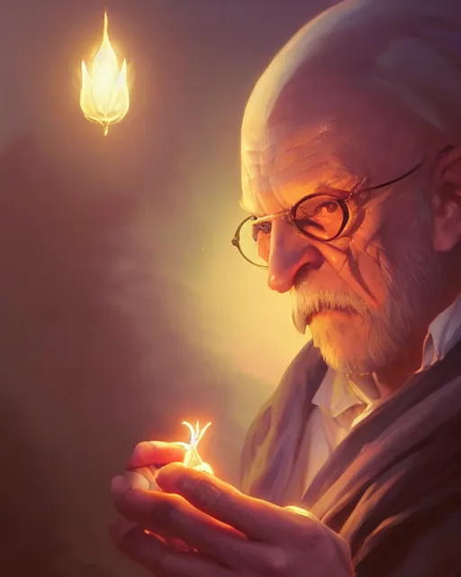 Image similar to highly detailed vfx portrait of an old mage casting a light spell, unreal engine, greg rutkowski, loish, rhads, beeple, makoto shinkai and lois van baarle, ilya kuvshinov, rossdraws, tom bagshaw, alphonse mucha, global illumination, detailed and intricate environment