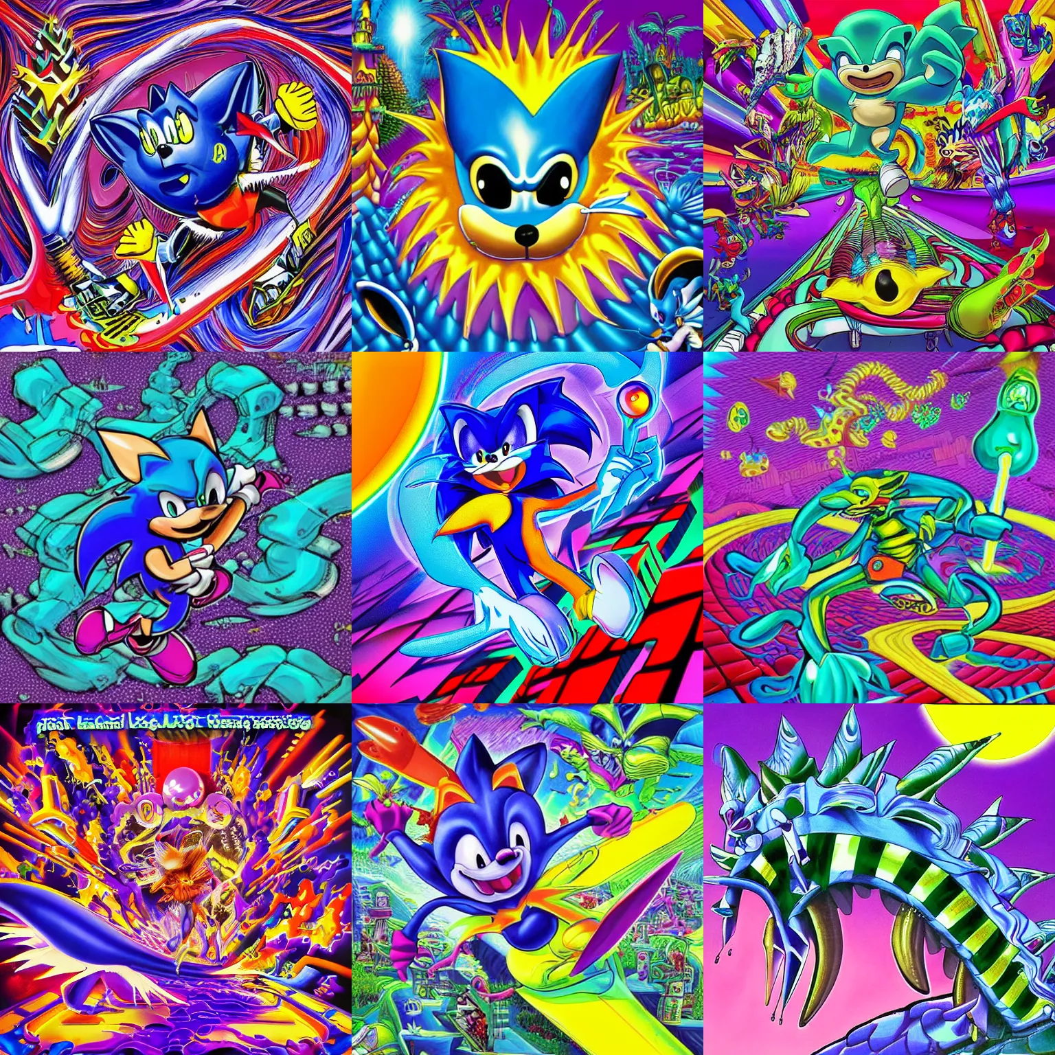 Prompt: surreal, sharp, lowbrow, detailed professional, high quality airbrush art MGMT album cover of a liquid dissolving LSD DMT blue sonic the hedgehog surfing through cyberspace, purple checkerboard background, 1990s 1992 acid house techno Sega Genesis video game album cover