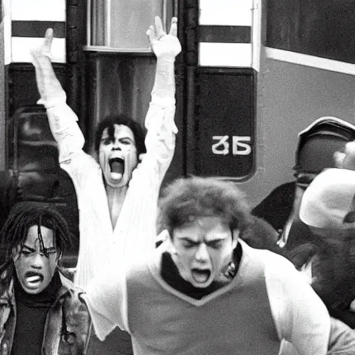 Image similar to michael jackson shouting, screaming, looking tired, in front of a train
