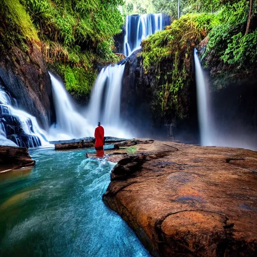 Prompt: a simply breathtaking shot of mediating monk at pongour falls in dalat, 7 layers waterfall, photographer dang ngo