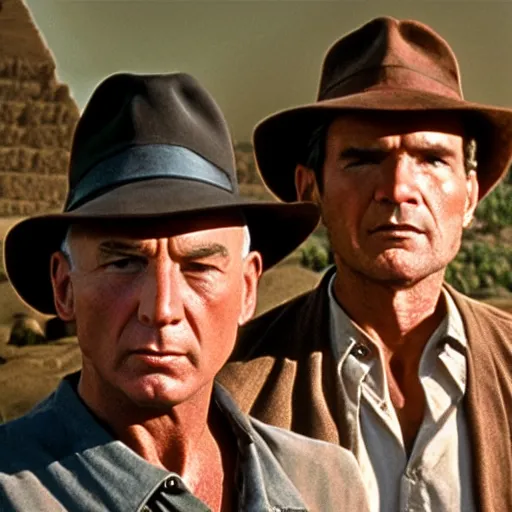 Prompt: Jean Luc Picard and Indiana Jones in front of a pyramid.