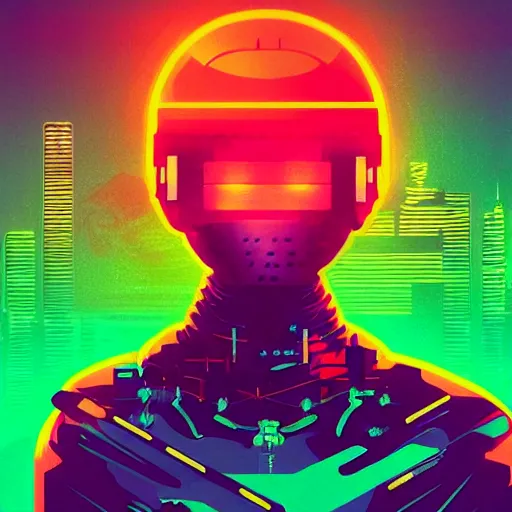 Image similar to “ a highly detailed full body portrait of a cyborg ninja by ilya kuvshinov in synthwave style with a cyberpunk colorful background with brokeh effect ”