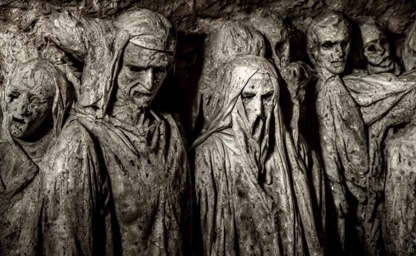 Prompt: several decrepit creepy statues of the archangel gabriel staring and smirking at the camera, placed throughout a dark claustrophobic old catacomb cavern, realistic, pitch black, depth of field, wide shot, sinister, bad lighting, foreboding, blurry grainy photo
