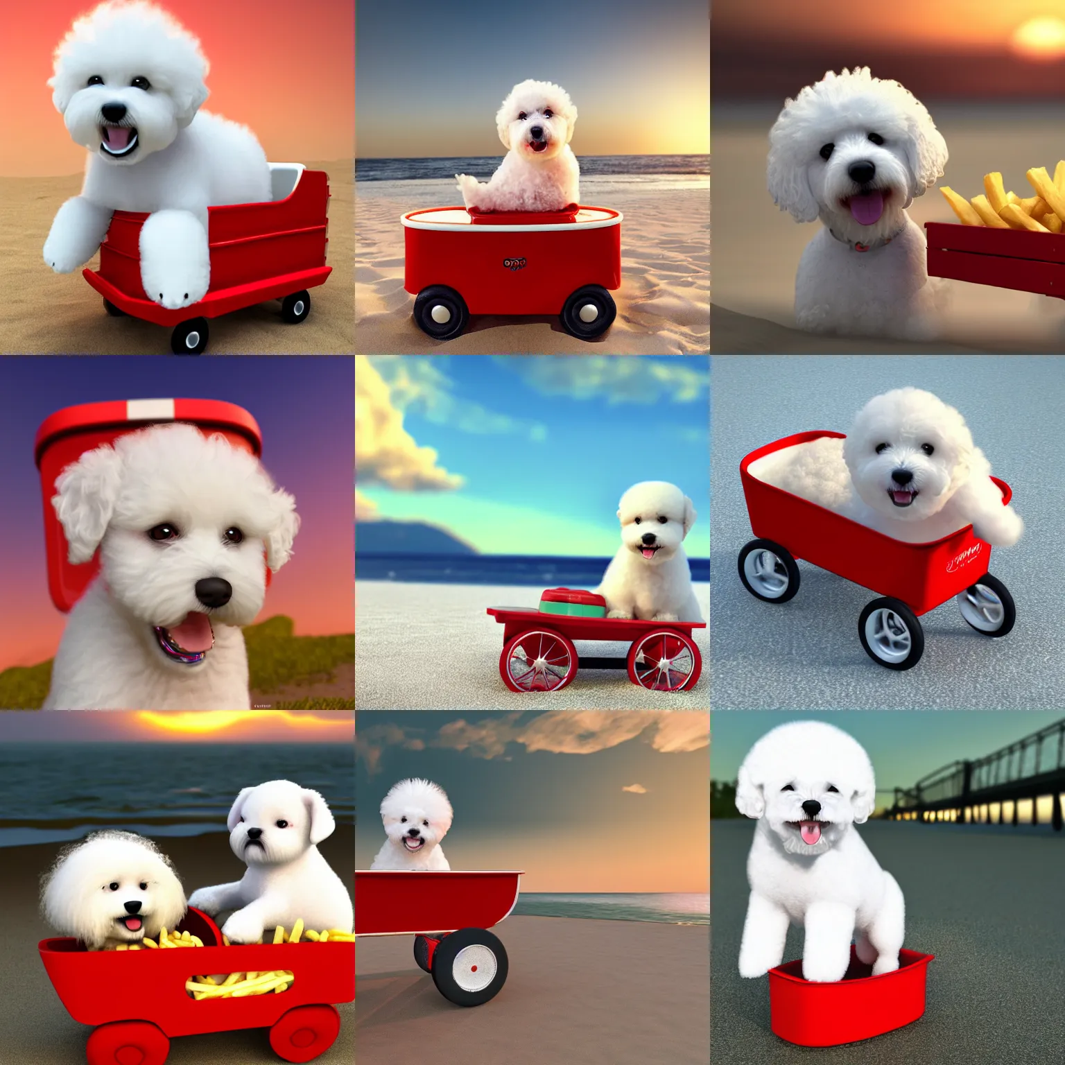 Prompt: a photorealistic photograph of a smiling happy white Bichon Frisé puppy riding in a little red wagon that is overflowing french fries during sunset at the beach Trending on Artstation, featured on Behance, well-rendered, Unreal Engine, 4K HD