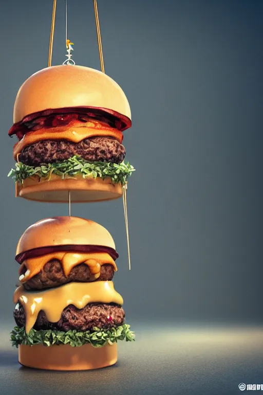 Image similar to tall burger with shrimps and cheese, high details, cinematic, 8k resolution, beautiful detailed, insanely intricate details, artstation trending, octane render, unreal engine,