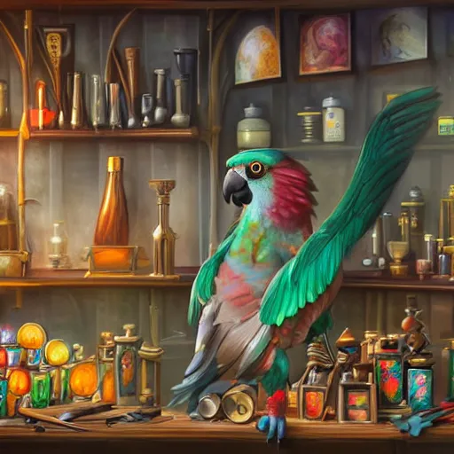 Image similar to Anthropomorphized parrot trader in his shop, shelves full, selling a gem, portrait, items, magic potions, carpet, window, sly expression , cunning expression, cute expression, presenting magic gem, D&D, fantasy, cinematic lighting, highly detailed, digital painting, artstation, concept art, smooth, sharp focus, illustration, warm light, cozy warm tint, magic the gathering artwork, volumetric lighting, 8k, no gold, no gold colours, art by Akihiko Yoshida, Greg Rutkowski