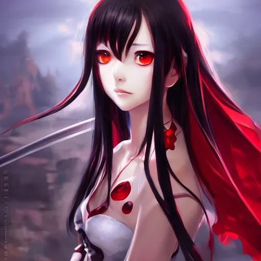 Prompt: long black haired hime cut anime girl, red eyed, wearing red short dress, wielding black blade, portrait made by Stanley Artgerm, WLOP, Rossdraws, James Jean Andrei Riabovitchev, Marc Simonetti, Yoshitaka Amano, Artstation