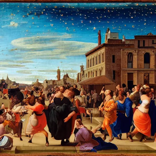 Image similar to a city market and the blue sky with clouds and stars and clouds for a man, and a woman wearing a pomade, in the style of a renaissance painting